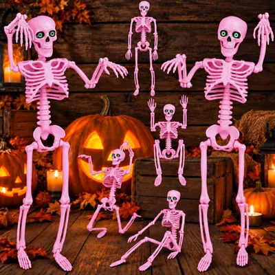 6 bewegliche Skelette 40 cm, rosa mit Augen, Halloween-Deko