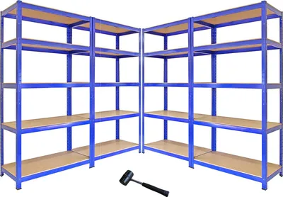 Image de Offre spéciale Monster Racking : lot de 4 rayonnages T-Rax – Rayonnage haute capacité, pour garage, en acier, industriel, d'atelier, à emboîter, 90 cm x 45 cm x 180 cm  100 % sans vis + marteau en caoutchouc offert