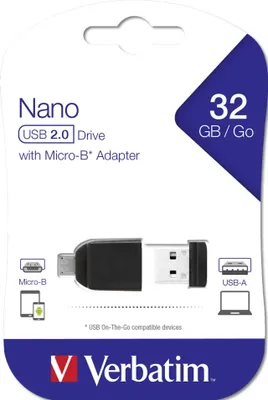Produktbild von Verbatim Nano - USB-Stick 32 GB mit Micro USB-Adapter - Schwarz, 32 GB, USB Typ-A, 2.0, Ohne Deckel, 3 g, Schwarz