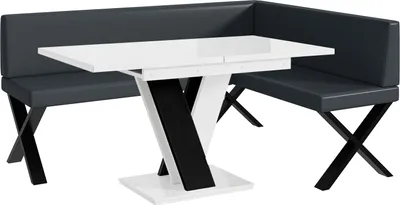 Produktbild von MEBLINI Eckbank für Esszimmer mit ausziehbarem Tisch - Küchenbank - Essecke - Sitzecke Küche - TONI - X-Beine 128x168x87cm Rechts - Dunkelgrau Kunstleder/M Weiß-Schwarz Hochgl.