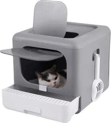 Image de FATIVO Litière pour chat avec couvercle : litière pliable pour animaux avec porte frontale 43x40,5x37,5 cm, bac inférieur et pelle, gris