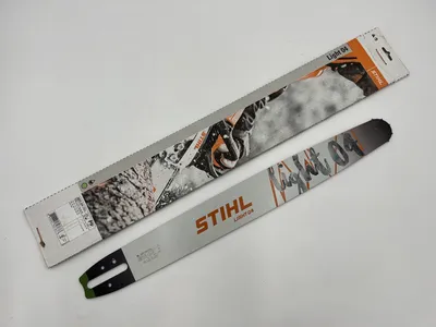 A new STIHL chainsaw guide bar and its packaging are displayed on a white background.