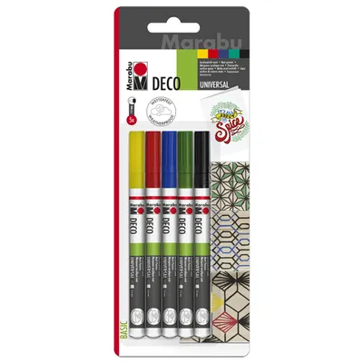 Produktbild von Marabu Deco Painter Basic, Schwarz, Blau, Grün, Rot, Gelb, Mehrfarbig, 5 Farben, 1 mm, 2 mm, Keramik, Metall, Papier, Gipskarton, Kunststoff, Holz
