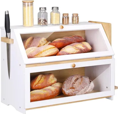 Produktbild von Brotkasten Bambus 2 Etagen Brotschneidebrett 50x25x37cm Weiß pflegeleicht