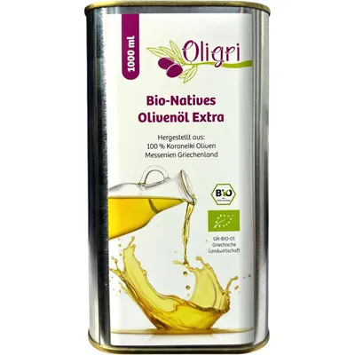 Produktbild von Oligri Bio Olivenöl Nativ Extra 1 L – 100 % Koroneiki, kalt extrahiert – Fruchtig & mild – Aus Griechenland – im nachhaltigen Weißblech-Kanister