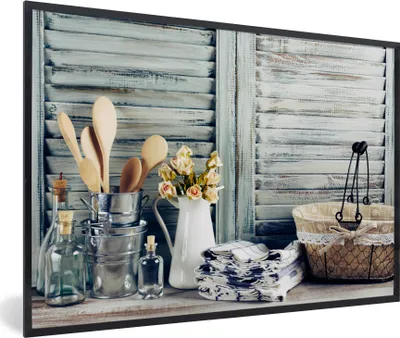 Produktbild von MuchoWow® Gerahmtes Poster Stilleben - Küchenutensilien - Rustikal 60x40 cm - Poster mit Schwarzem Bilderrahmen Wandposter Rahmen Foto Bilder - Printing - Wanddeko Schlafzimmer