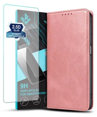 Produktbild von Handyhülle für Samsung Galaxy A13 mit 9H Displayglas Kunstleder Flip Cover Hülle Klapphülle Case Kartenfach Farbe: Rosa