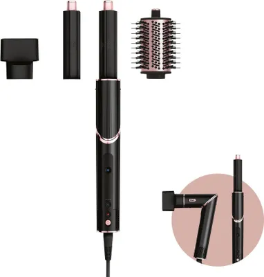 A black and rose gold hair styler with multiple attachments is displayed against a white background.