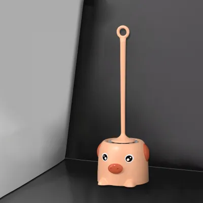 Image de Ensemble de brosses de toilette à poils souples avec manche allongé, style cartoon, nettoyeur de toilettes avec base pour la salle de bain, rose