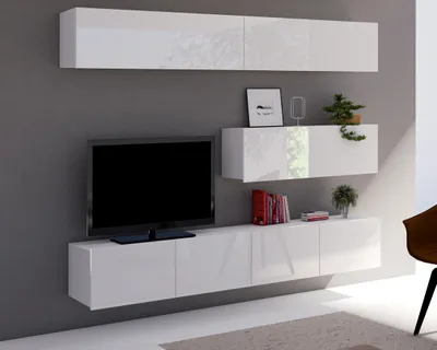 Produktbild von Wohnwand Amanda V, Wohnzimmer-Set, Moderne Anbauwand, Schrankwand, Mediawand (Weiß / Weiß Hochglanz)