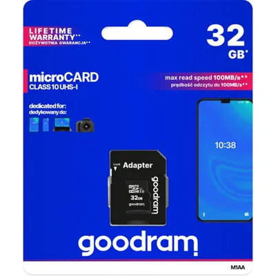 Produktbild von Goodram microSD pamäťová karta 32 GB pre smartfón, fotoaparát - micro SD karta - 100 mb/s - S SD adaptérom
