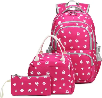 Image de Sac à dos scolaire Filles Adolescentes Femmes Set Sac à dos Pieds de chien Cartable avec sac à lunch et trousse, rose foncé, Pieds de chien