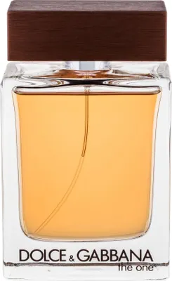 A close-up, front-facing studio shot of a bottle of Dolce & Gabbana The One For Men Eau de Toilette.
