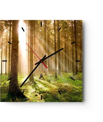 Produktbild von Wanduhr - Quadrat - Glasuhr - Bäume Sonne Natur - 30x30cm - Schleichendes Uhrwerk - Lautlos - zum Aufhängen bereit - Dekoration Modern - Wanddekoration aus Glas - C3AC30x30-0156