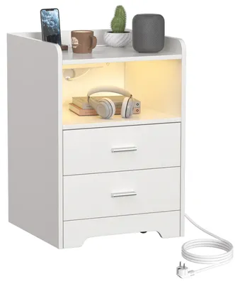 Zdjęcie produktu dla Nocna szafka ISOISL na 4 kółkach, z oświetleniem RGB, funkcją odtwarzania muzyki i timerem, 2 szuflady, otwarta półka, 2 gniazdka, port USB, port USB-C, kolor biały