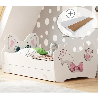 Produktbild von Kinderbett Jugendbett 80x160 cm mit Matratze, Schublade und Lattenrost, Motiv Katze MDF-Holz  Europe Komplettbett Einzelbett