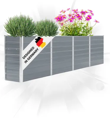 A raised garden bed filled with plants, with a "Designed in Germany" label.
