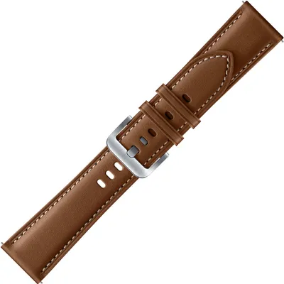 A brown leather watch band with a silver buckle is shown against a white background.
