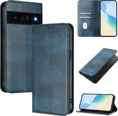Produktbild von Handyhülle für Google Pixel 6 Pro, Vintage Leder RFID Schutz Kartenfach Standfunktion Magnetische Klapphülle Blau