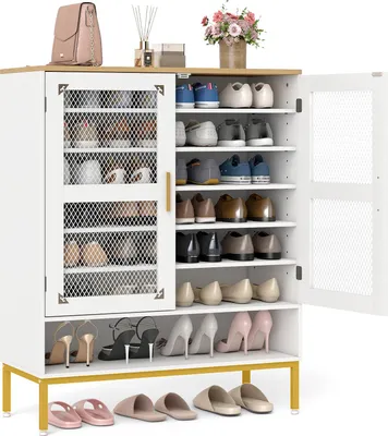 Produktbild von COSTWAY 7-stöckiger Schuhschrank mit Maschentüren, Schuhregal Schuhkommode Holz mit verstellbaren Regalen & Metallbeinen Weiß