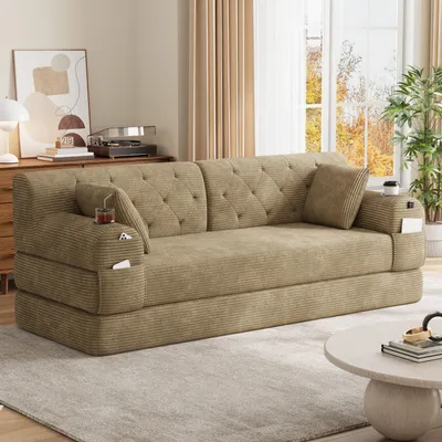 Produktbild von okwish 3-Sitzer Klappsofa mit 2 Getränkehaltern und Seitentaschen, klassisches Sofa mit hoher Rückenlehne, Modulares Sofa in Khaki