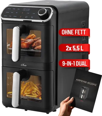 Produktbild von Oleio Maestro Twinfryer – Vertikale Heißluftfritteuse mit 2 Ebenen & Grillrosten, 11 L Gesamtvolumen, 9 Programme, mit Sichtfenster & Rezeptheft, platzsparend, 2460 W, Schwarz
