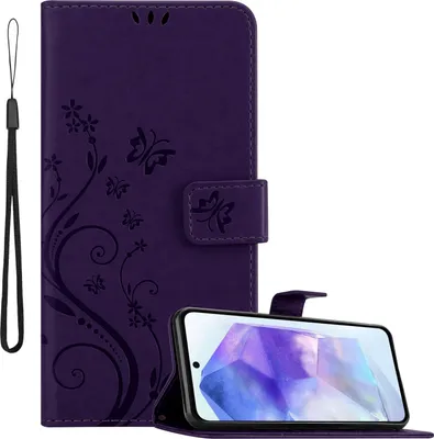 Produktbild von Cadorabo Hülle für Samsung Galaxy A55 in FLORAL DUNKEL LILA Schutzhülle im Blumen Design mit Magnetverschluss, Standfunktion und Kartenfächern Flip Case Flower Cover Etui Handy Klapp Hülle Book Tasche
