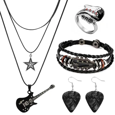 Produktbild von Punk Musik Schmuckset - Y2K Gitarren Sternkette & Lederarmband - SD-XZMJ165