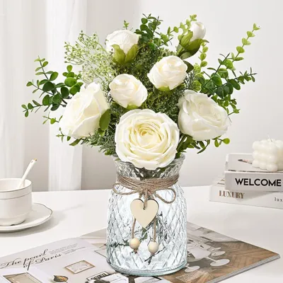 Produktbild von Kunstblumen in Vase, Weiße Rosen, Glasvase, Dekorativ für Zuhause, Küche, Büro