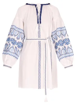 Produktbild von Damen Kleid Baumwolle Weiss L mit langen Puffärmeln und aufwendigen Stickereien