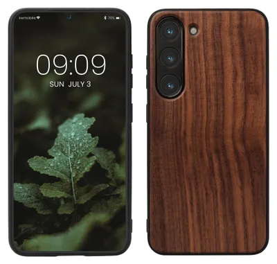 Produktbild von kwmobile Handyhülle für Samsung Galaxy S23 Hülle Holz - Case mit TPU Bumper - Stoßfestes Hardcase - Schutzhülle Cover in Dunkelbraun