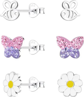 Produktbild von Ohrringe Mädchen Silber 925: Ohrsteckerset Schmetterling, Blume und Biene