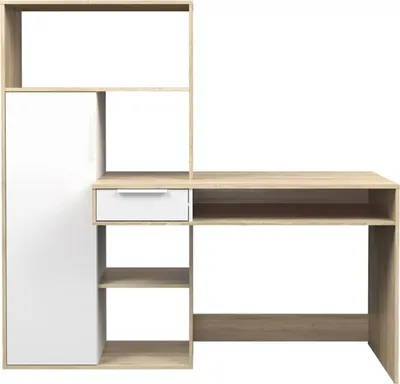 Produktbild von Fula Schreibtisch 1 Schublade und 1 Tür Eiche Struktur und weiss.