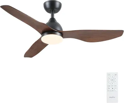 Zdjęcie produktu dla Wentylator sufitowy z oświetleniem i pilotem, 116 cm, czarny, imitacja drewna. Wentylator sufitowy z lampami, możliwość regulacji jasności, cichy, z możliwością zmiany kierunku obrotów (DC)