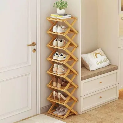 Productafbeelding van Opklapbaar schoenenrek, bamboe, 8 etages, hoog, smal, ruimtebesparend, houtkleur