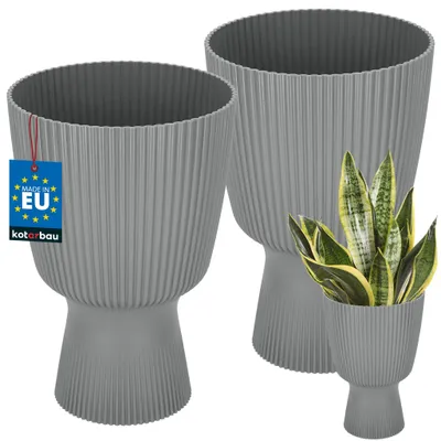 Produktbild von KOTARBAU® 2er Set Blumentopf ⌀ 18cm Orchideentopf Übertopf für Zimmerpflanzen Pflanzentopf mit Sockel Geriffelt Kelchform Kunststoff Pflanzkübel Grau