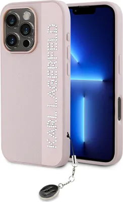 Obrázek produktu pro Pouzdro na zadní stranu telefonu iPhone 16 Pro Max od Karla Lagerfelda – s kamínky Saffiano a přívěskem – růžové