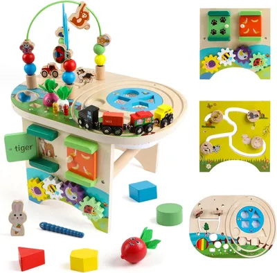 Productafbeelding van Houten activiteitentafel met kralen doolhof treinbaan educatief leerspeelgoed voor jongens en meisjes