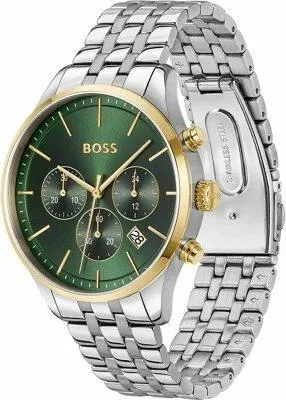 A close-up studio shot of a Hugo Boss analog watch with a green dial and a stainless steel and gold-tone bracelet.