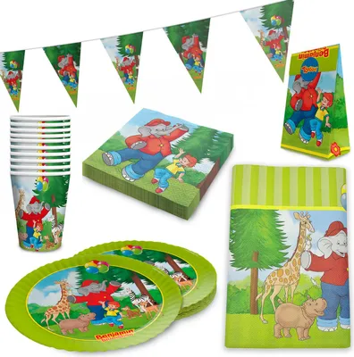 Produktbild von Benjamin Blümchen Partyset 52-tlg – Teller, Becher, Servietten, Tüten & Deko