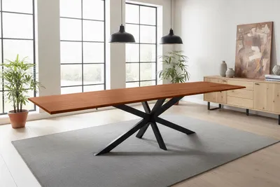 Produktbild von Esstisch Baumkante Akazie nuss 220(320)x100 Ansteckplatten Spider-Gestell schwarz AVINO