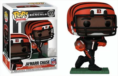 A Funko Pop! vinyl figure of NFL player Ja'Marr Chase in his Cincinnati Bengals uniform, shown both in its packaging and displayed outside of it.