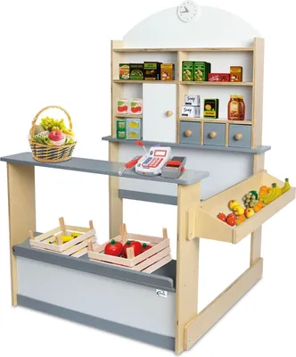 Produktbild von Kaufladen Kinder Kaufmannsladen Holz Verkaufsstand mit 3 Schubladen Schrank Uhr Theke Seitentheke Farbe: Hellgrau