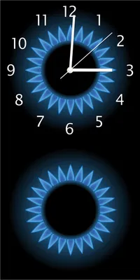 Produktbild von Wallario Design Wanduhr bedruckt, Größe 30 x 60 cm, Motiv: Flamme Gasherd bei Nacht