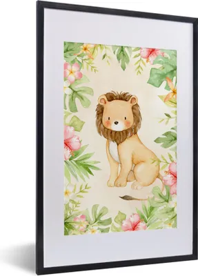 Produktbild von MuchoWow® MuchoWow® Gerahmtes Poster Löwe - Blumen - Dschungel - Aquarell 40x60 cm - Poster mit zchwarzem Bilderrahmen - Poster in Rahmen