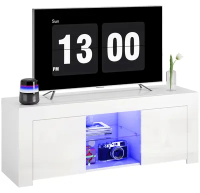 Produktbild von HOMCOM TV-Schrank mit LED-Beleuchtung, 2 Türen, Glasregal, Kabellöcher, Weiß