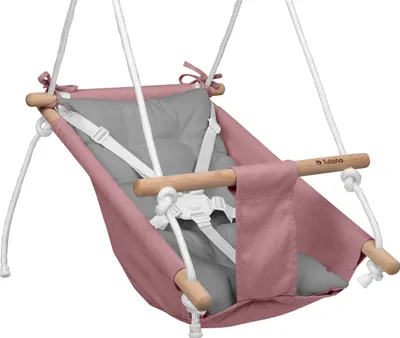 Produktbild von TULANO Hop 40 | Schaukel Kinderschaukel Babywippe Babyliegesitz 3in1 | 5-Punkt-Gurt | Tragfähigkeit bis 60kg | 6-36 Monaten | aus Holz | Rosa-Grau