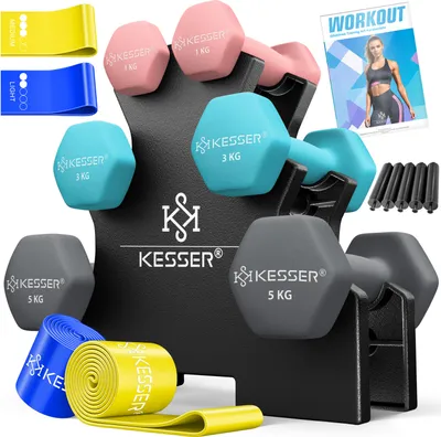 Produktbild von KESSER® Hantel-Set, 3 Paar, 1kg - 5kg, 12kg oder 18kg kurzhanteln mit Ständer Aufbewahrung, Fitnessstudio, Krafttraining, Hantelset rutschfeste Neopren, Mit Übungsheft, 2x Fitnessbänder