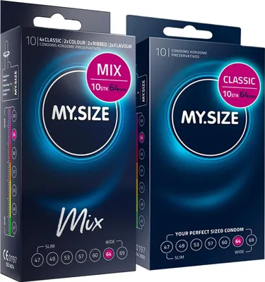 Zdjęcie produktu dla MY.SIZE Mix SET rozmiar 6, 64 mm: 10 prezerwatyw Classic + 10 prezerwatyw w 4 ekscytujących rodzajach, z aromatem, kolorem, wypustkami i Classic