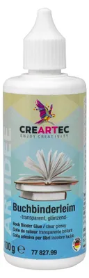 A bottle of bookbinder glue with a label showing a bird and an open book.
